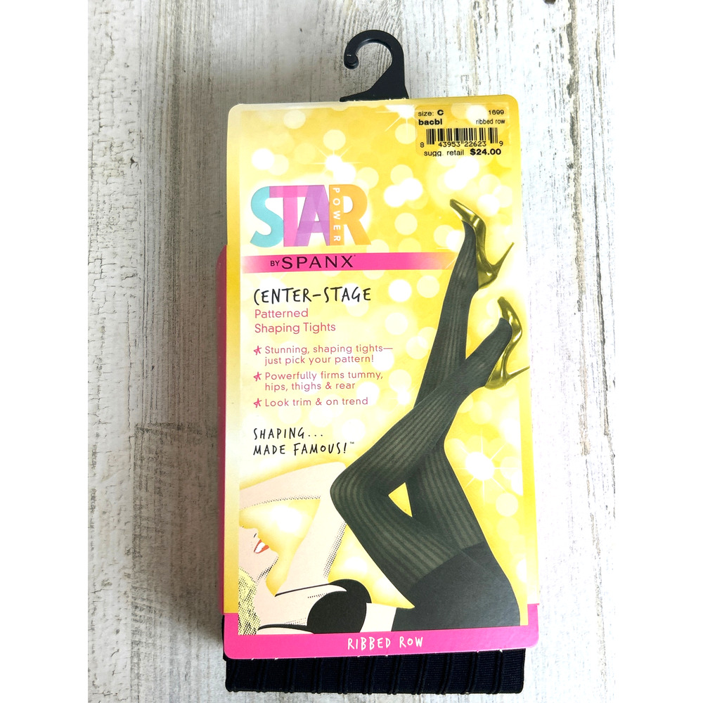 Star Power by Spanx Womens C Black Ribbed Row Shaping Tights NWT